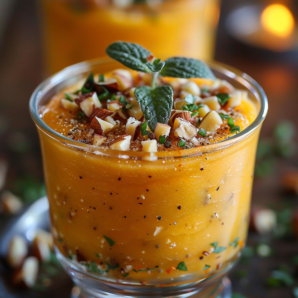A glass of carrot mousse with cumin and nuts.