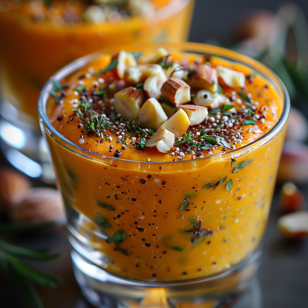 A glass of food with nuts on top.