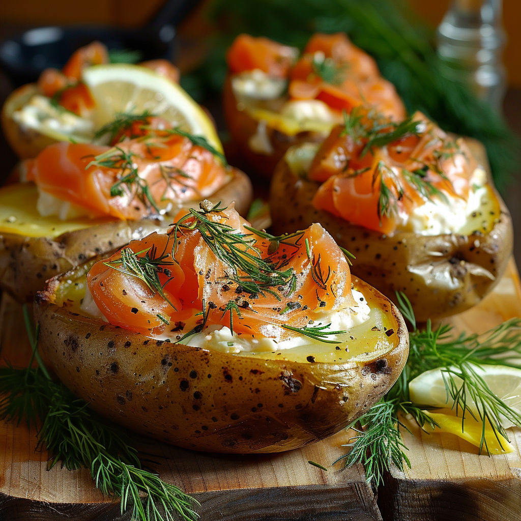 A close up of a potato with salmon and lemon on top.