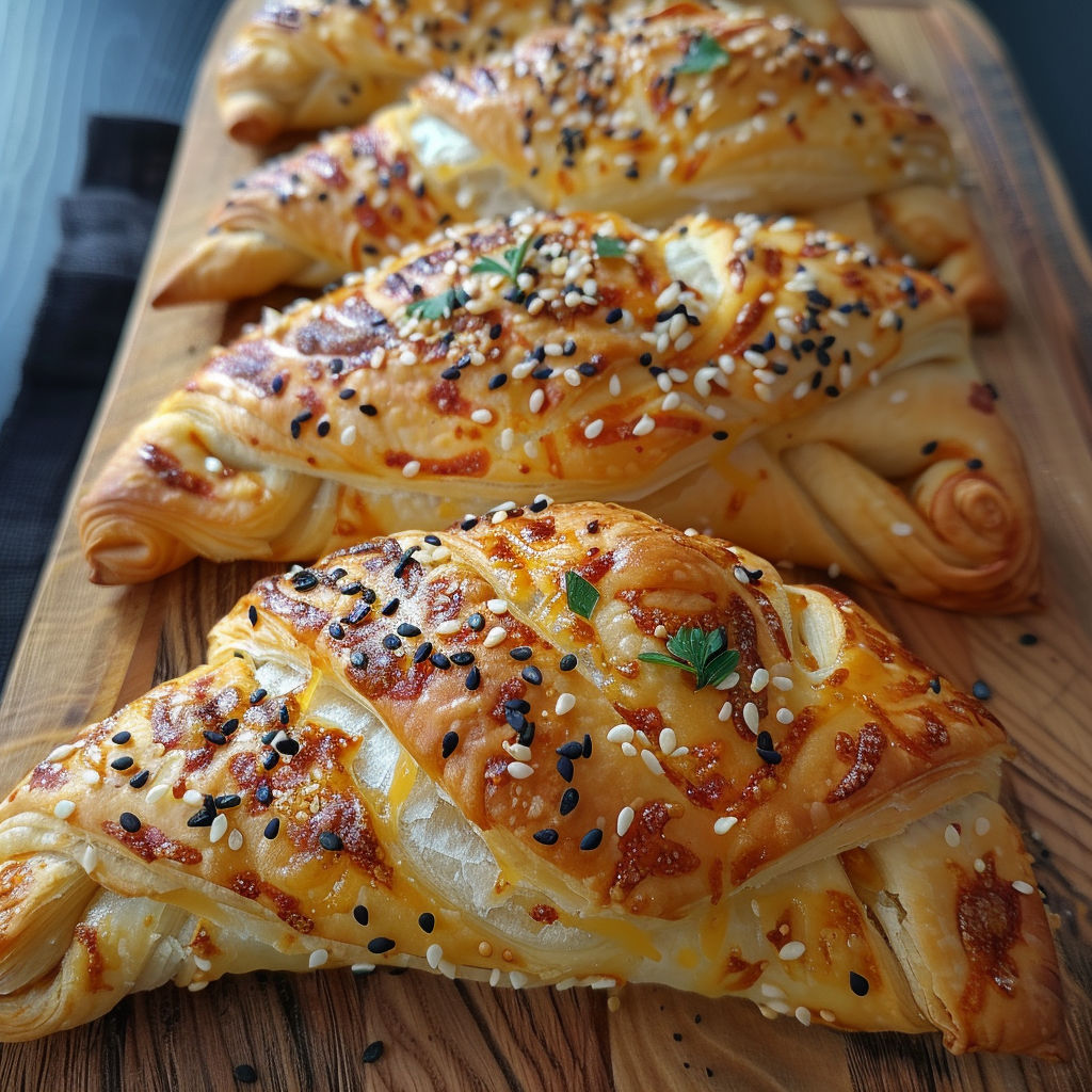 A wooden cutting board with four different kinds of pastries.
