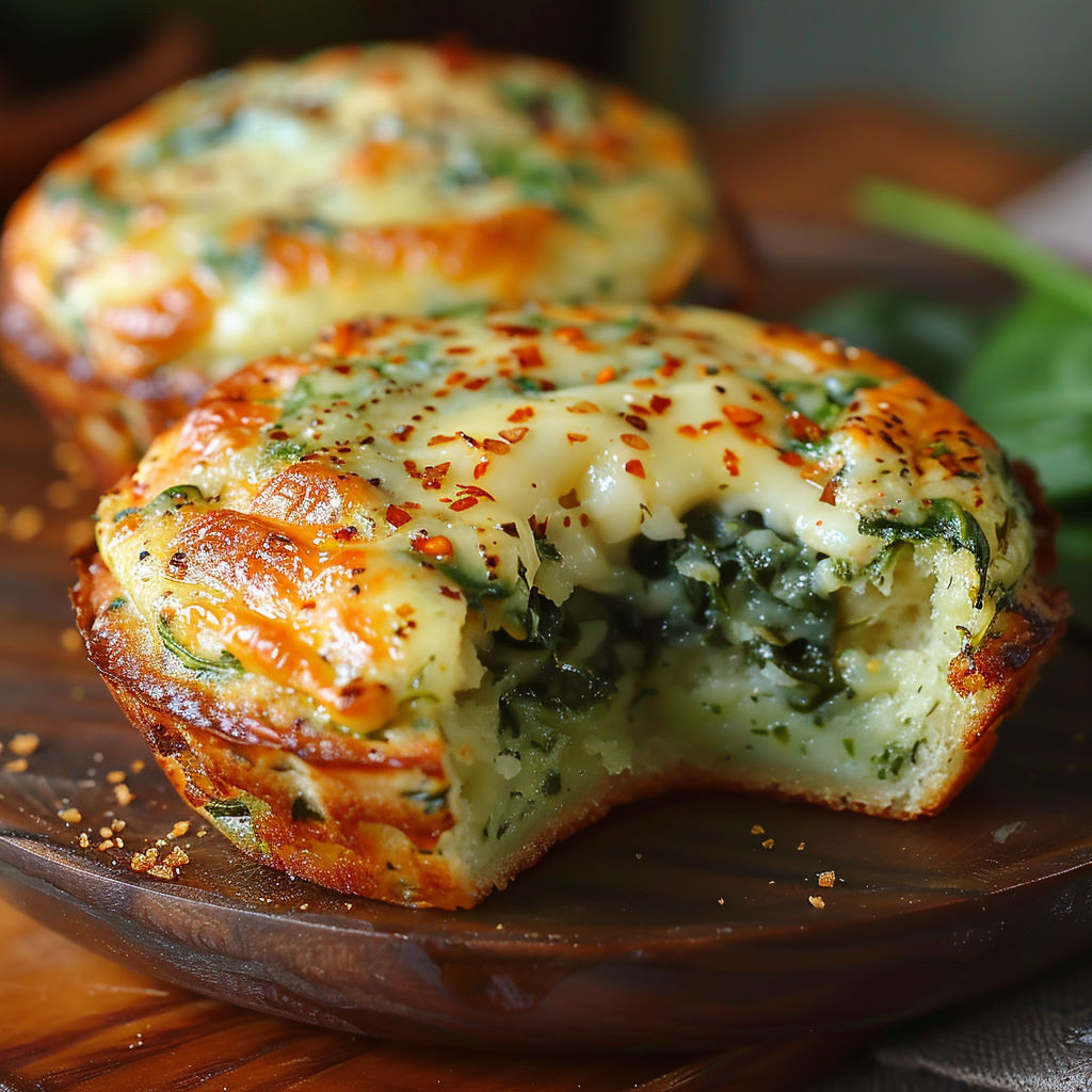 Two muffins with spinach and cheese.
