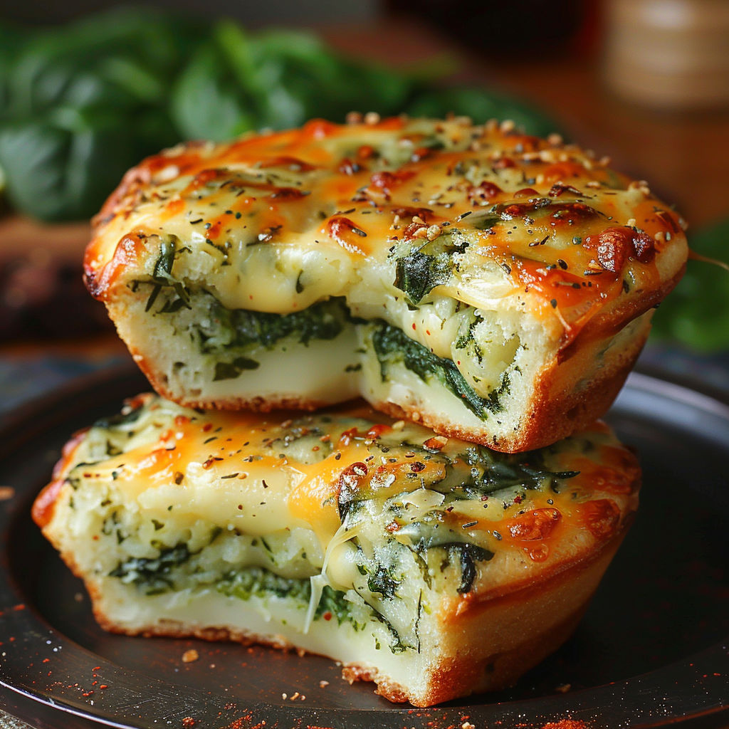 Two muffins with spinach and cheese.