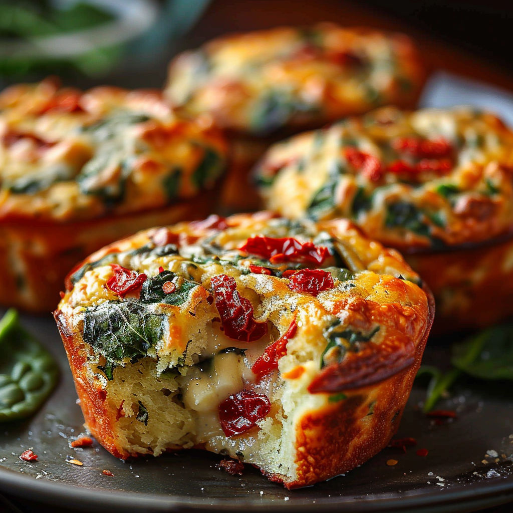 Muffins with spinach, tomatoes and cheese.