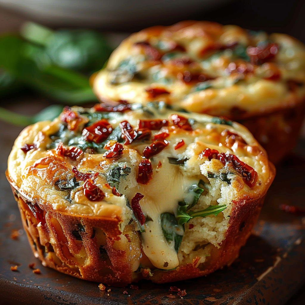 Two muffins with cheese and spinach.
