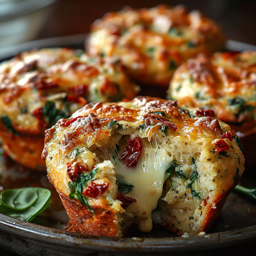 A plate of muffins with cheese and spinach.