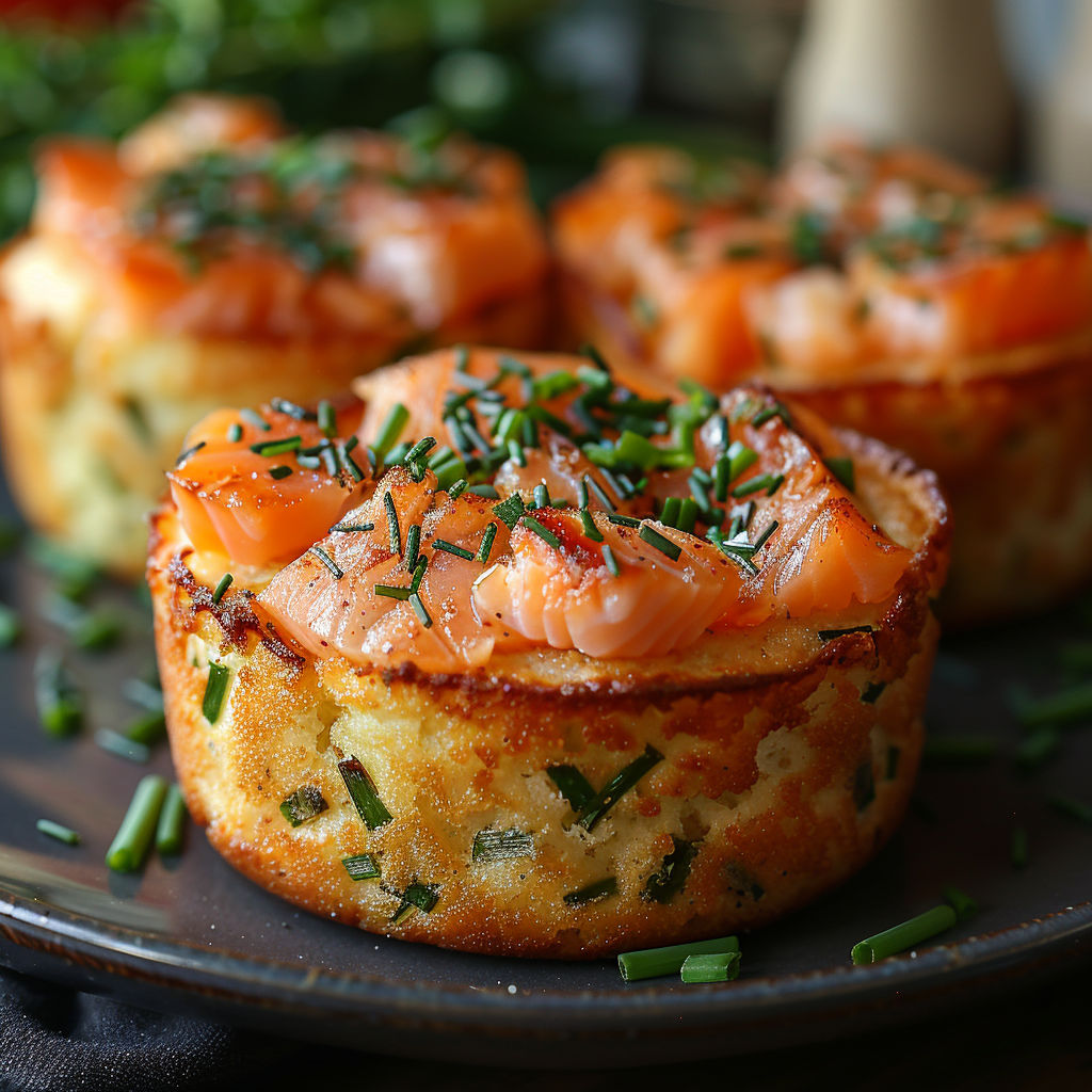 Three small tarts with fish in them.