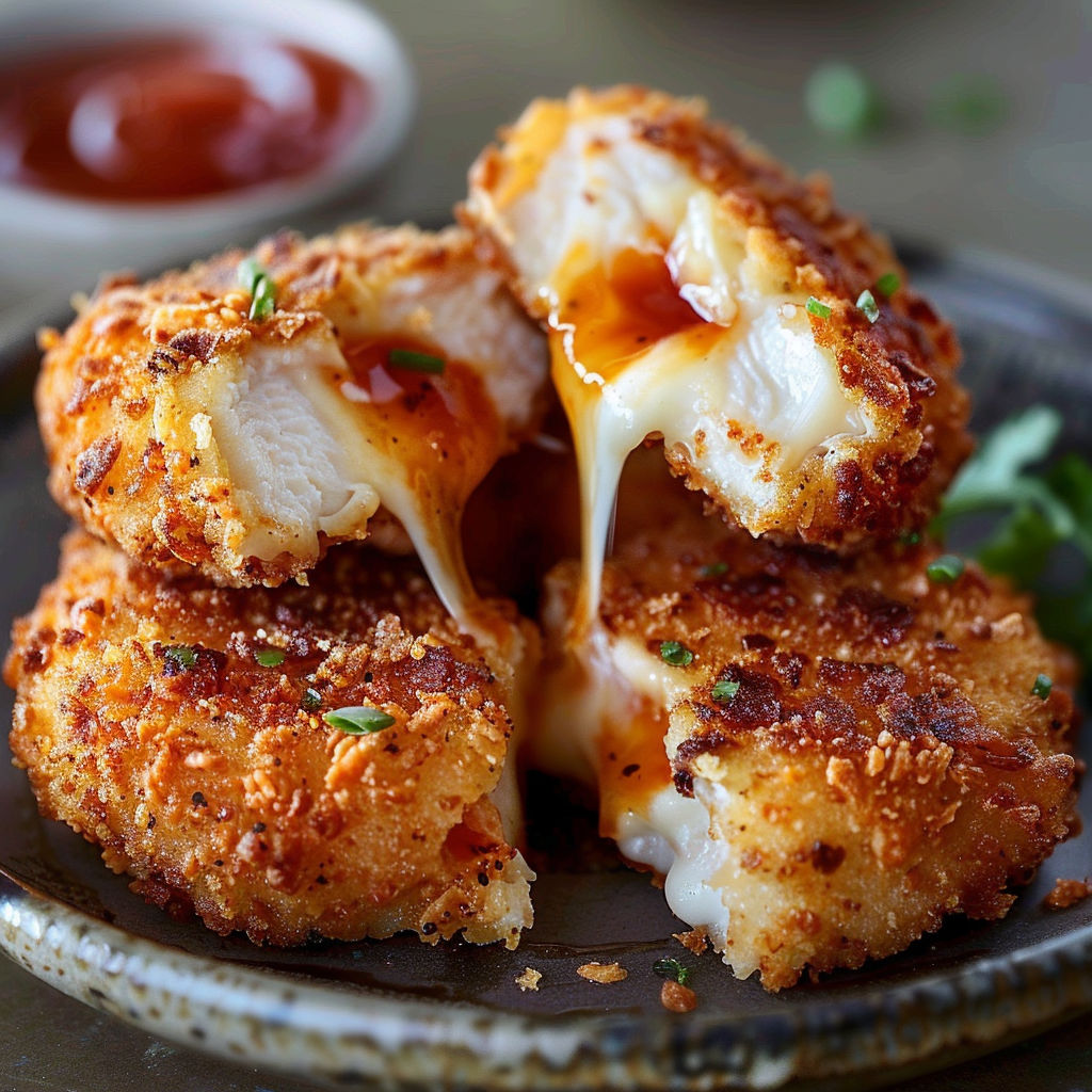 A plate of chicken with cheese on it.