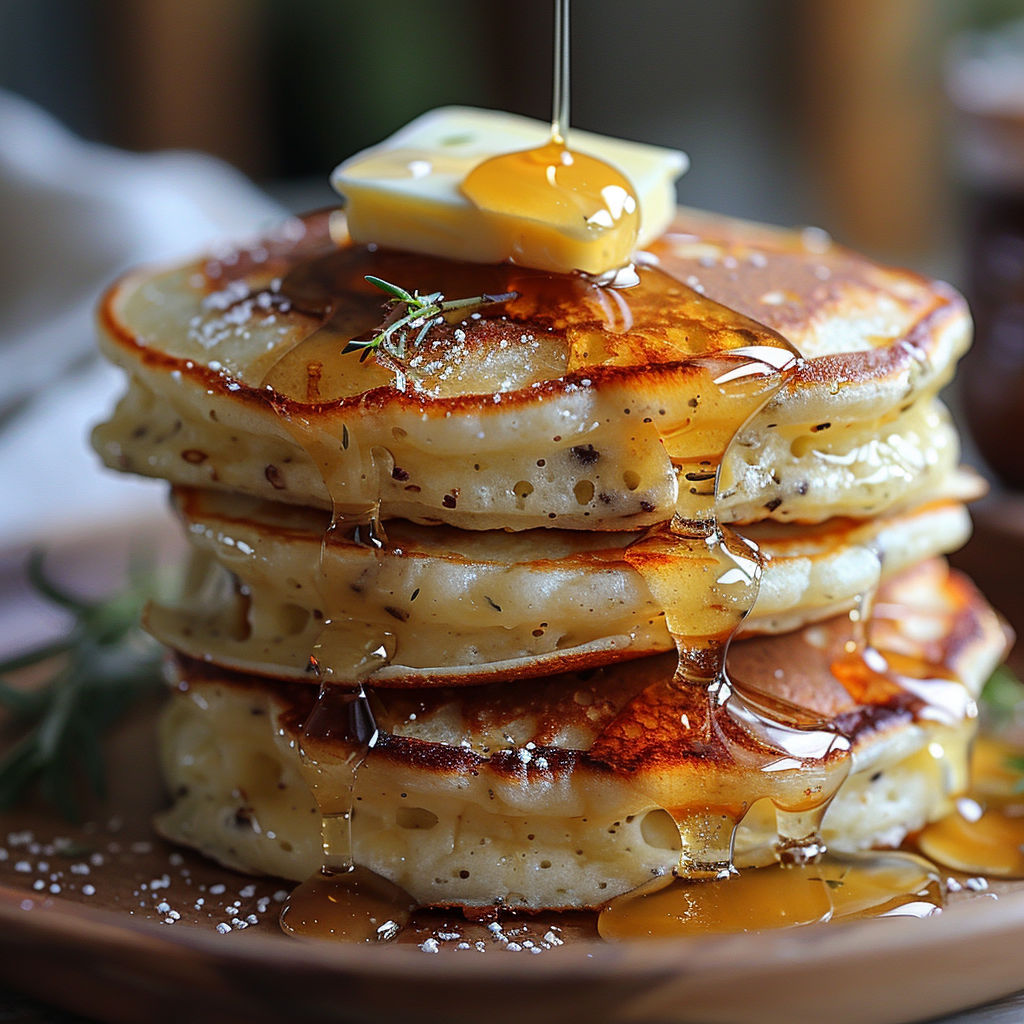 A stack of pancakes with butter and syrup drizzled on top.