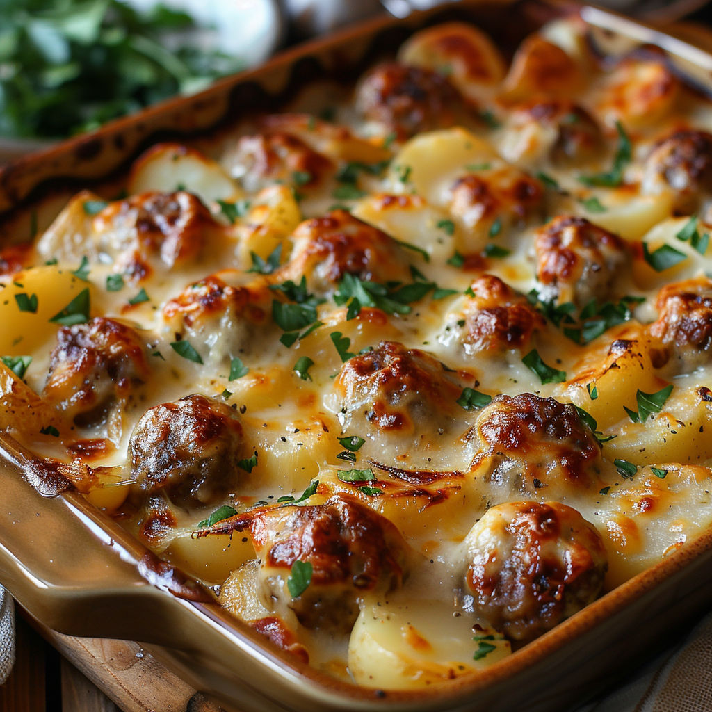 A dish of meat and potatoes.