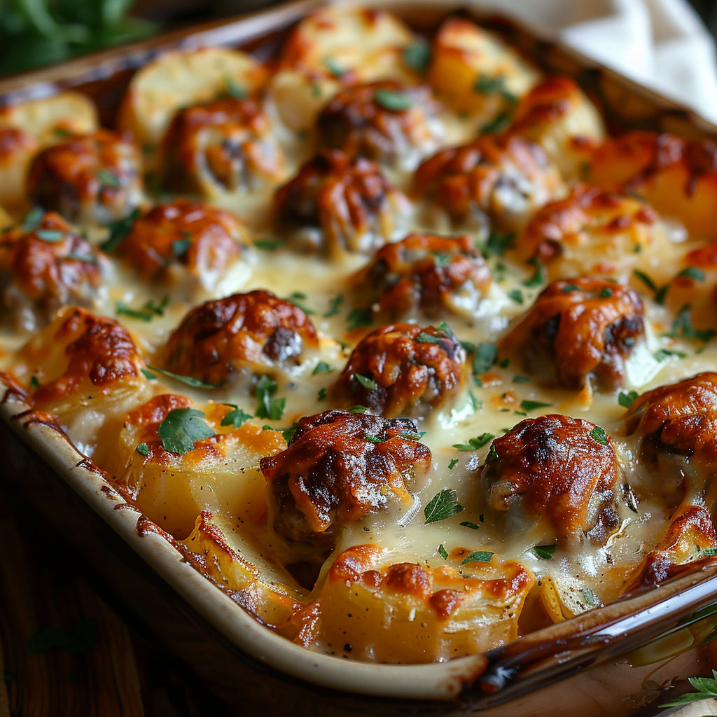 A dish of meat and potatoes.