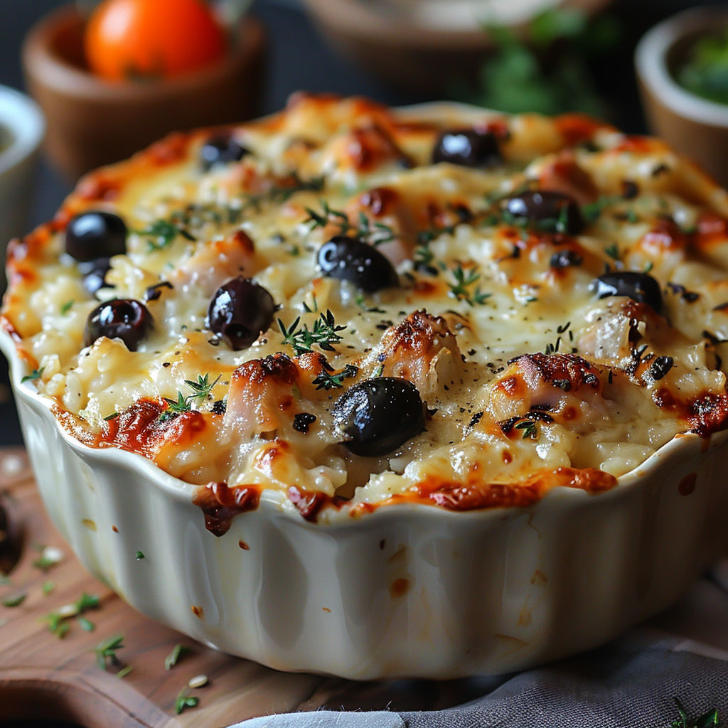 A dish of food with olives and cheese.