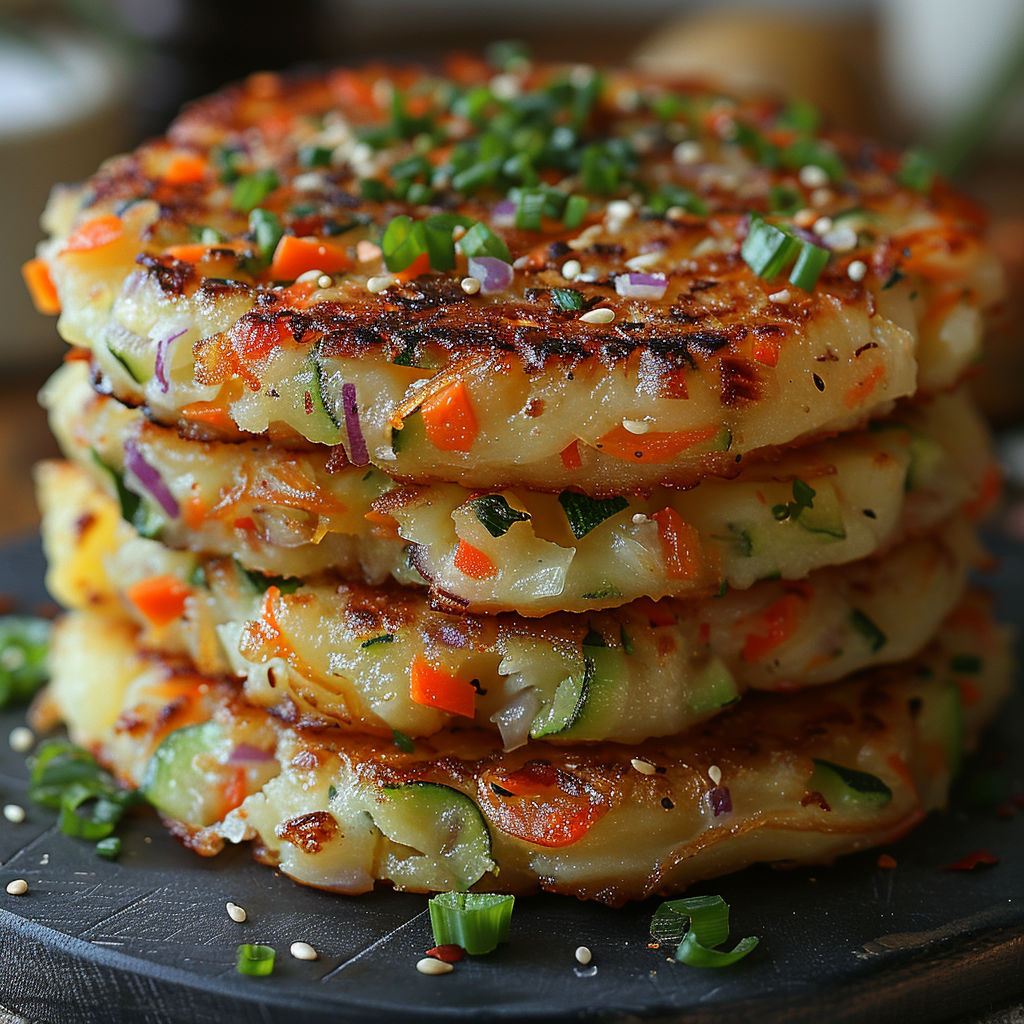 A stack of galettes de rösti with vegetables.