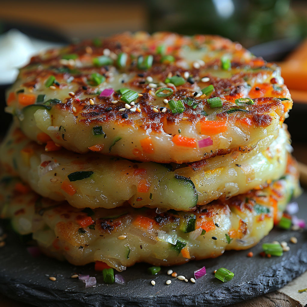 A stack of vegetable pancakes with carrots and other vegetables.