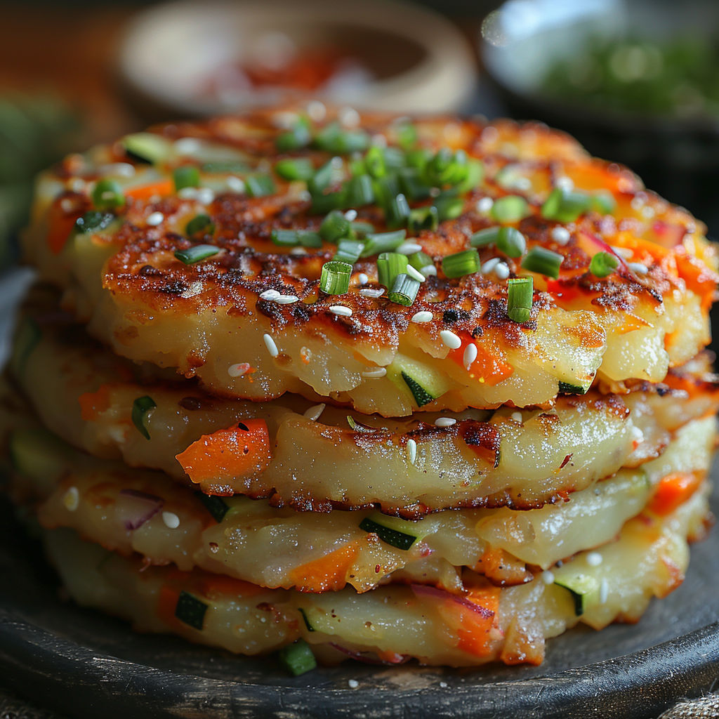 A stack of pancakes with vegetables on top.