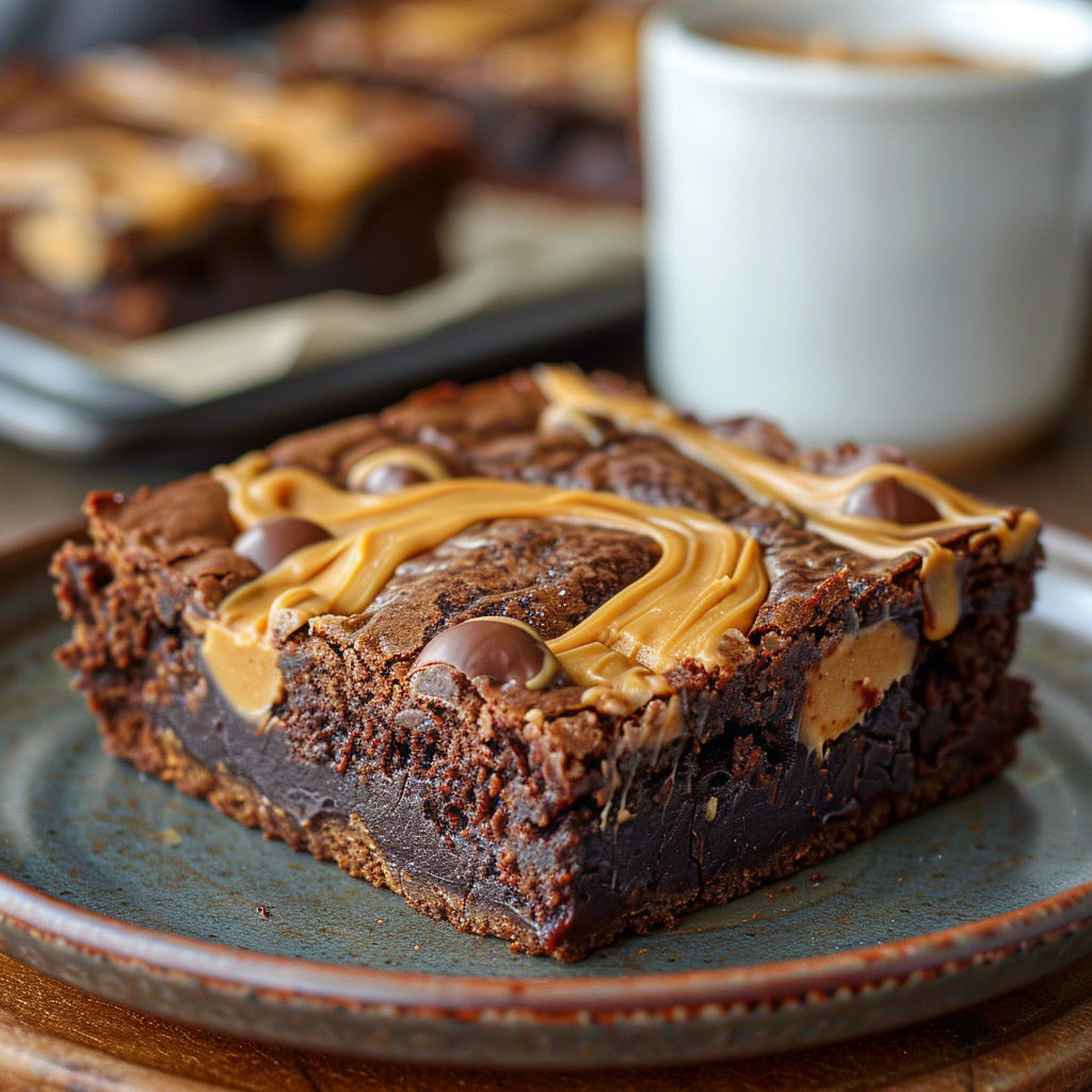 A piece of chocolate cake with peanut butter drizzled on top.
