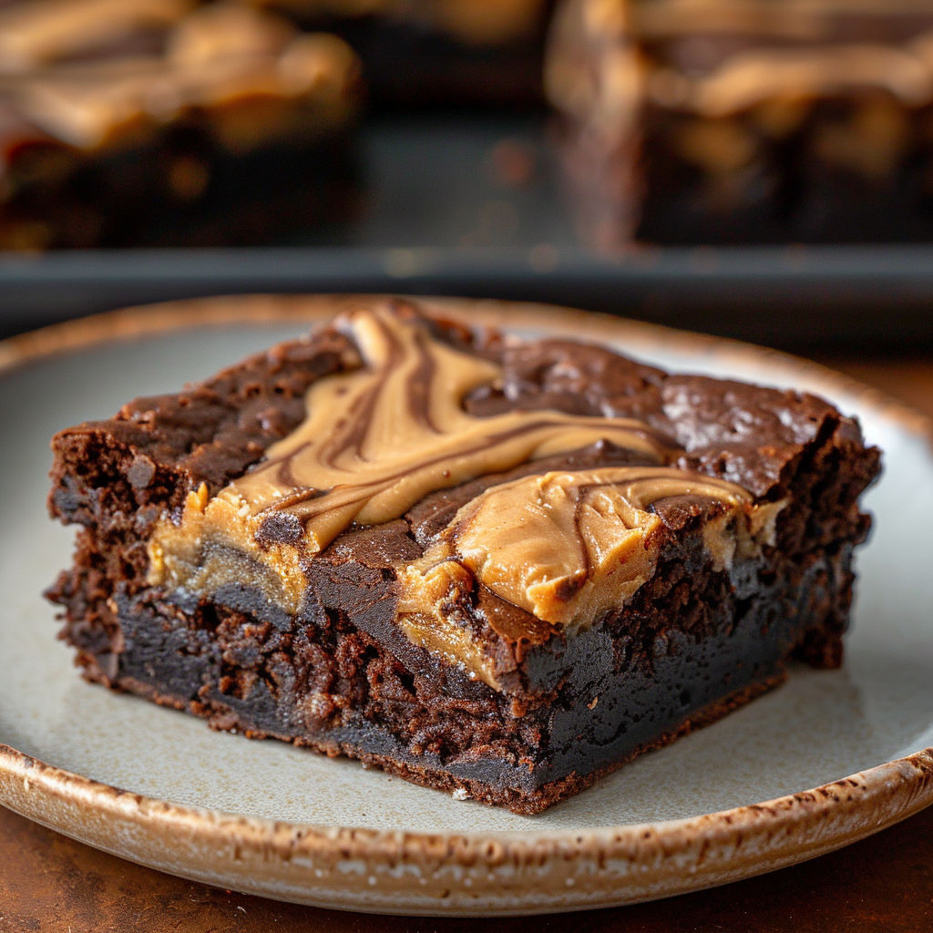 A close up of a chocolate brownie with peanut butter and caramel drizzle.