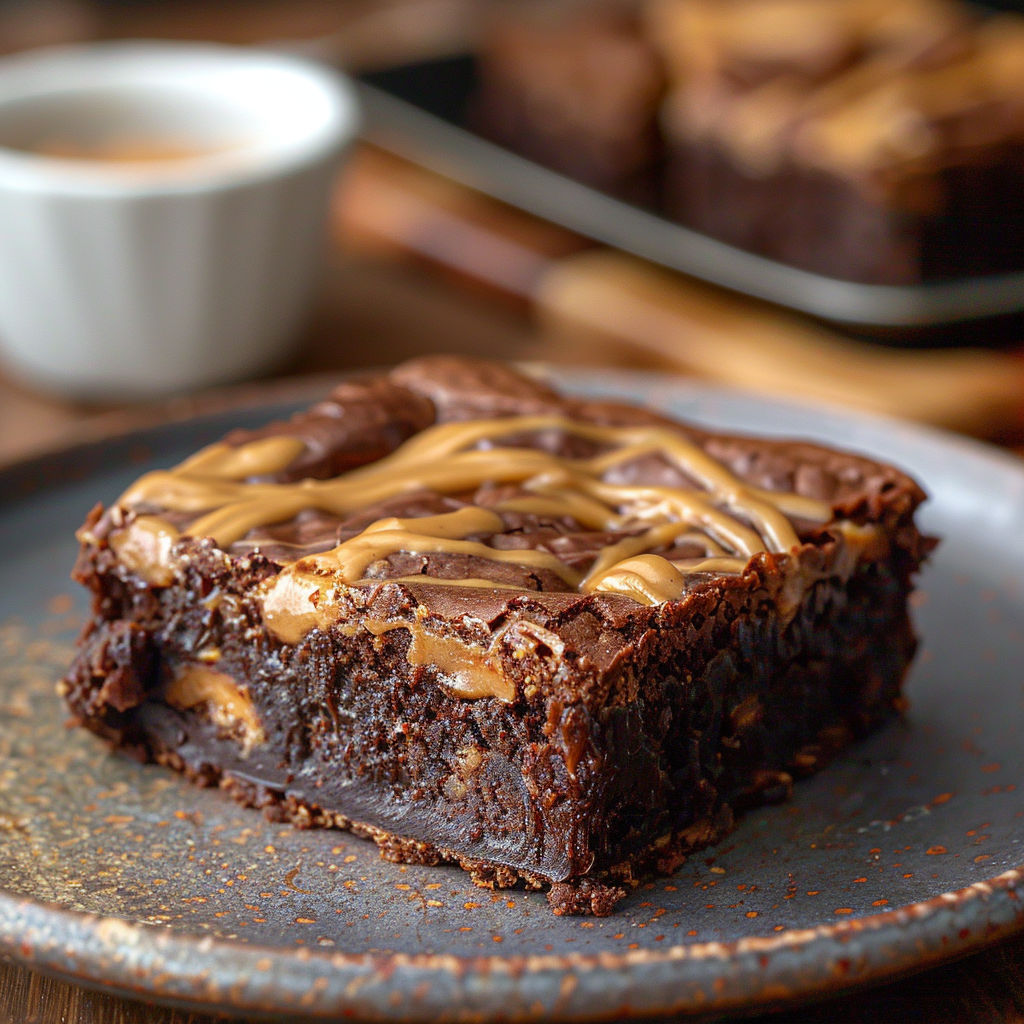 A slice of chocolate cake with caramel drizzle.