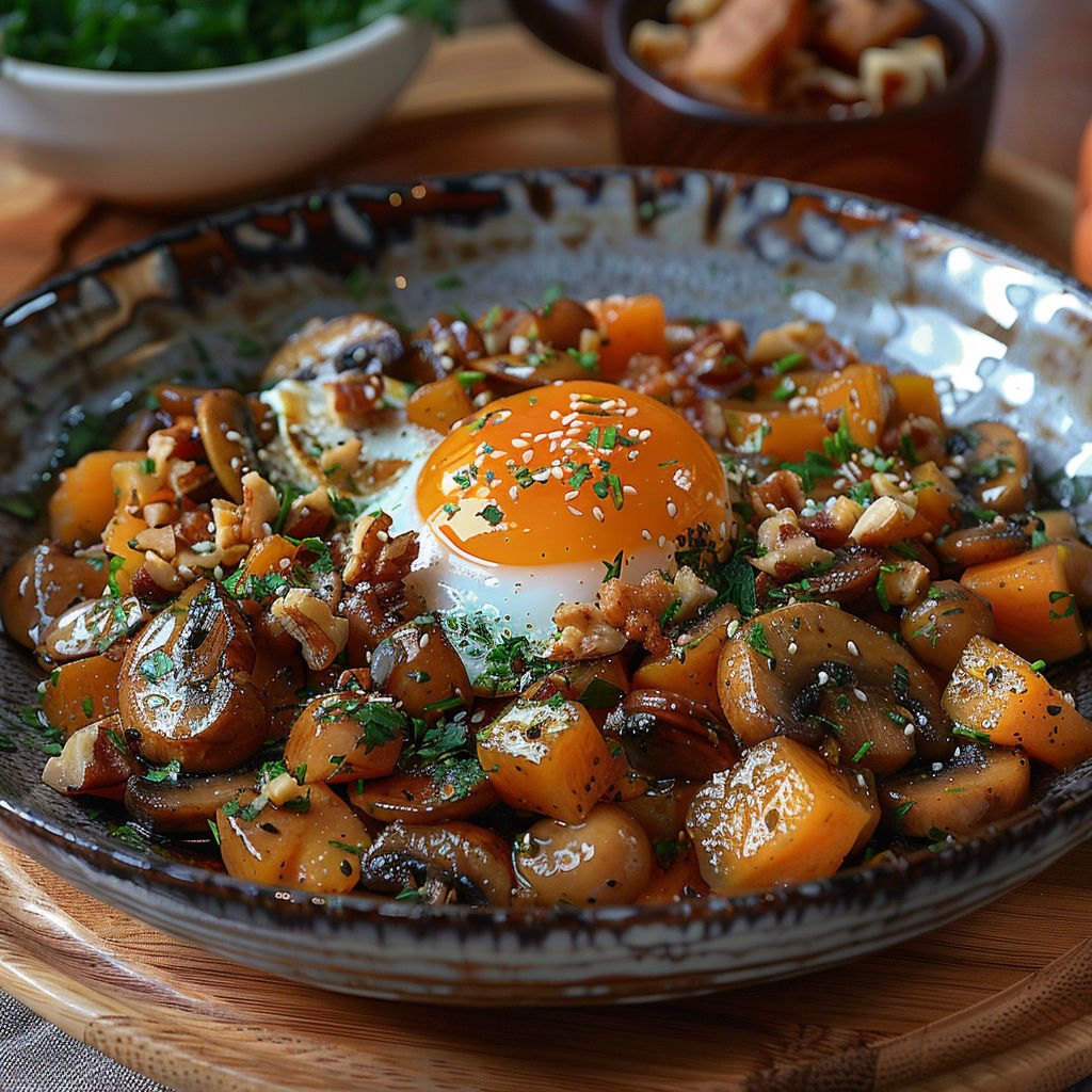 A bowl of food with a fried egg on top.
