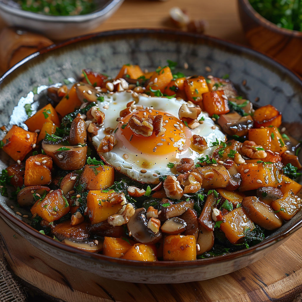 A bowl of food with a fried egg on top.