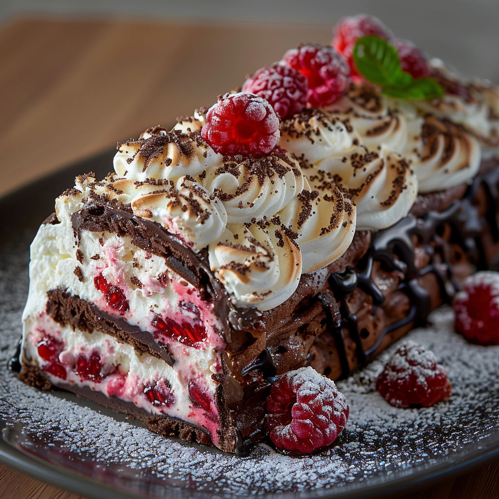 A slice of chocolate cake with white frosting and raspberries on top.