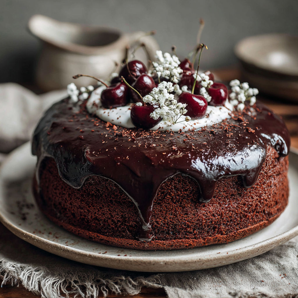 A chocolate cake with white icing and cherries.