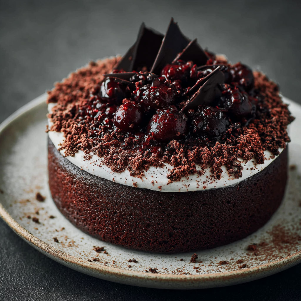 A chocolate cake with chocolate chips and cherries.