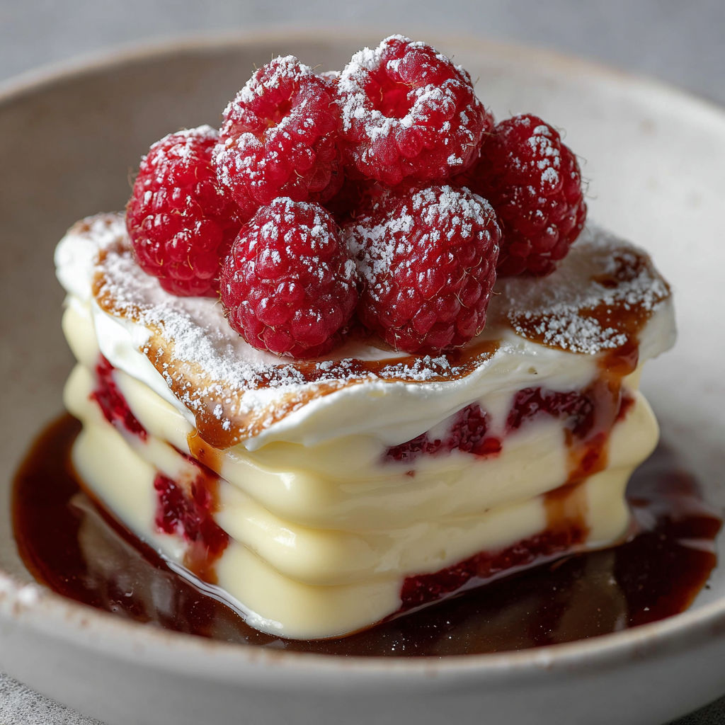 A stack of lasagna with raspberries on top.