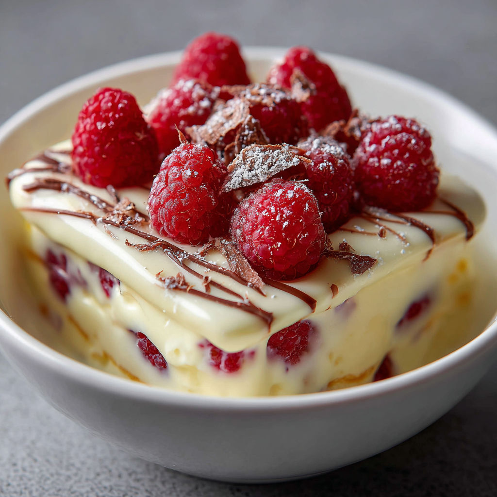 A bowl of raspberries with chocolate sauce.