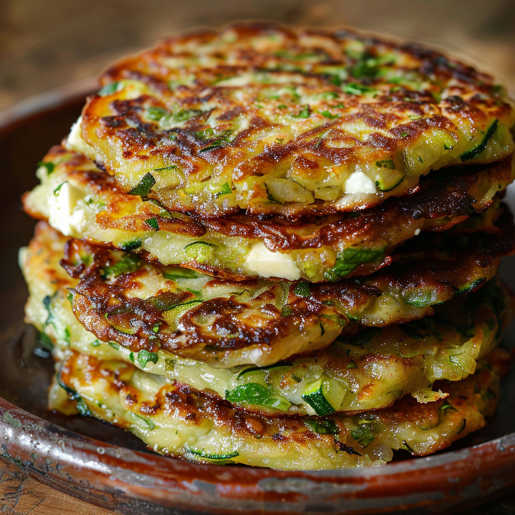 A stack of galettes de courgettes crétoises à la feta et à la menthe.