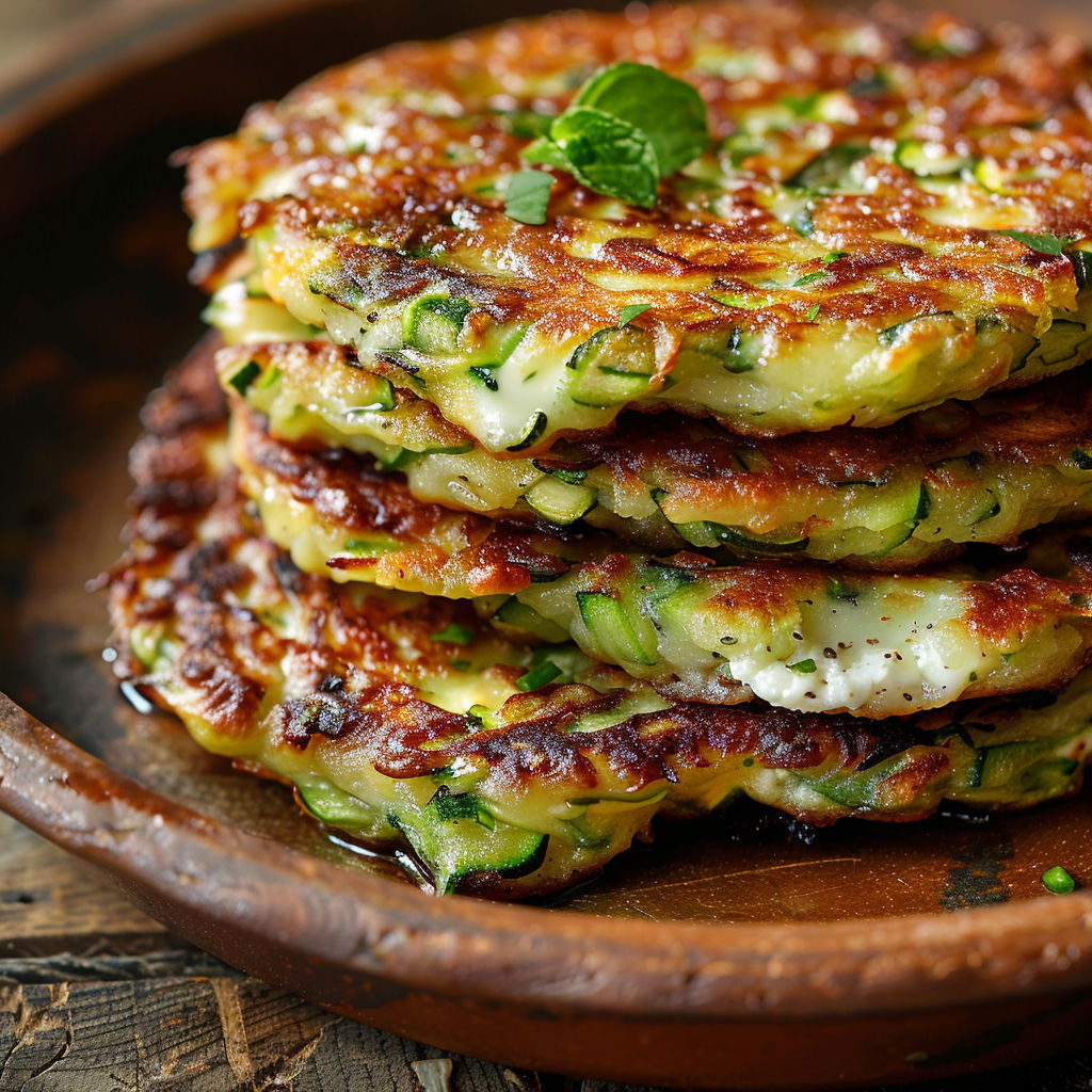 A stack of vegetable pancakes with feta cheese and mint.
