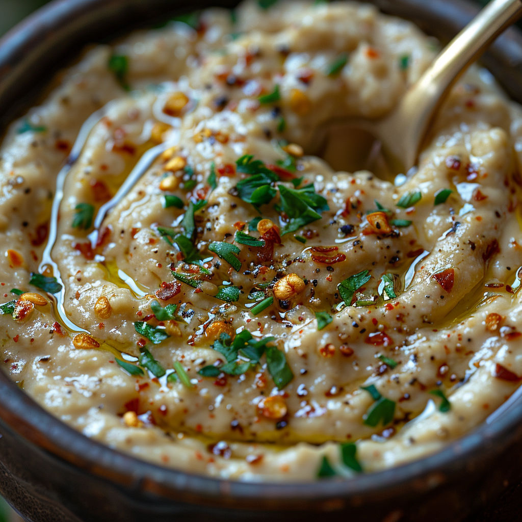 A bowl of caviar d'aubergines crétois parfumé au persil.