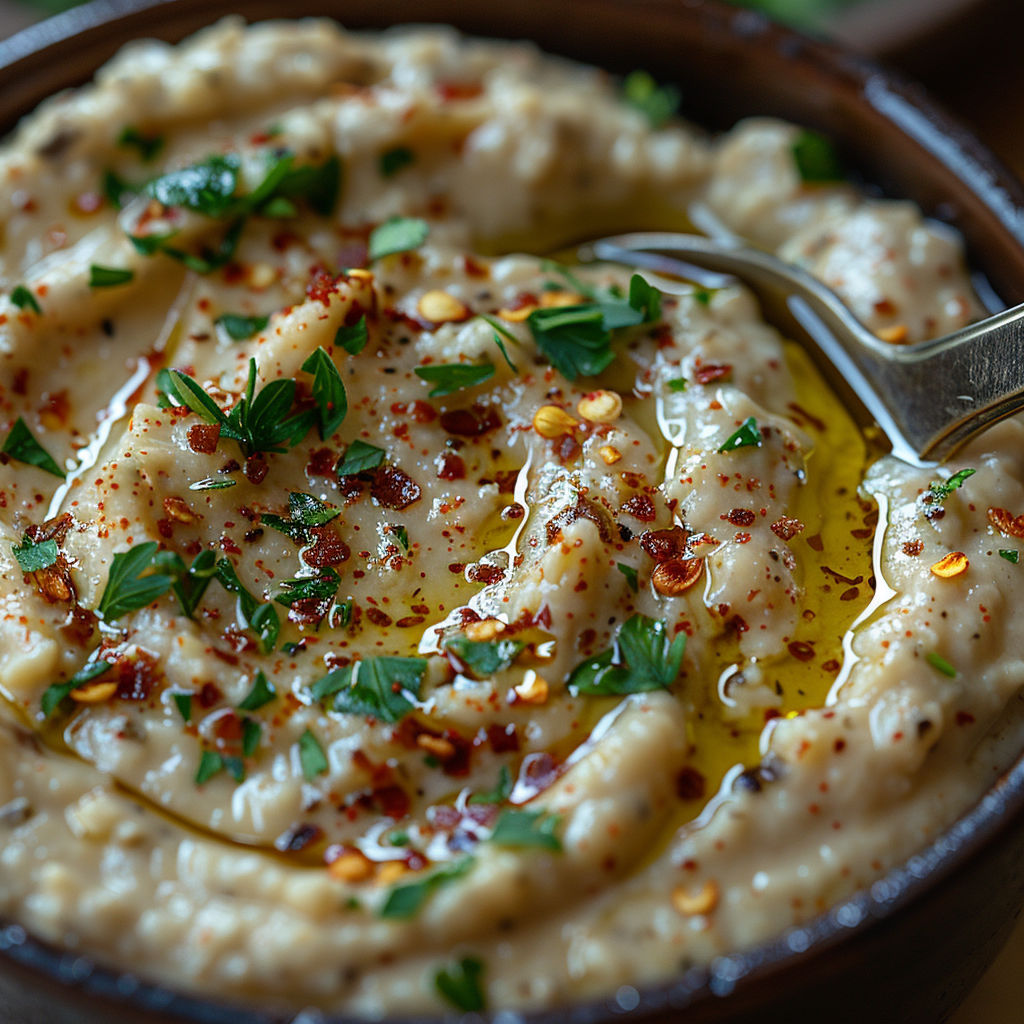 A bowl of food with a spoon in it.