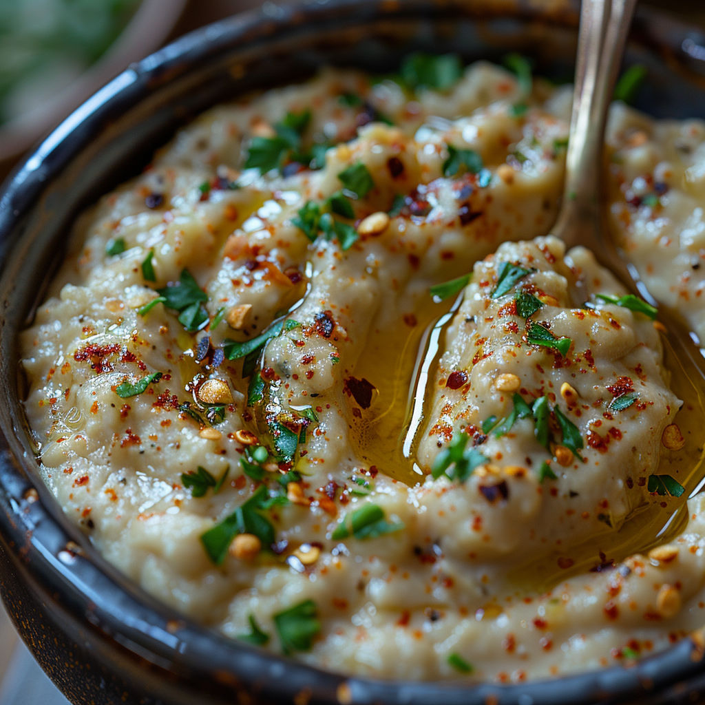 A bowl of food with a spoon in it.