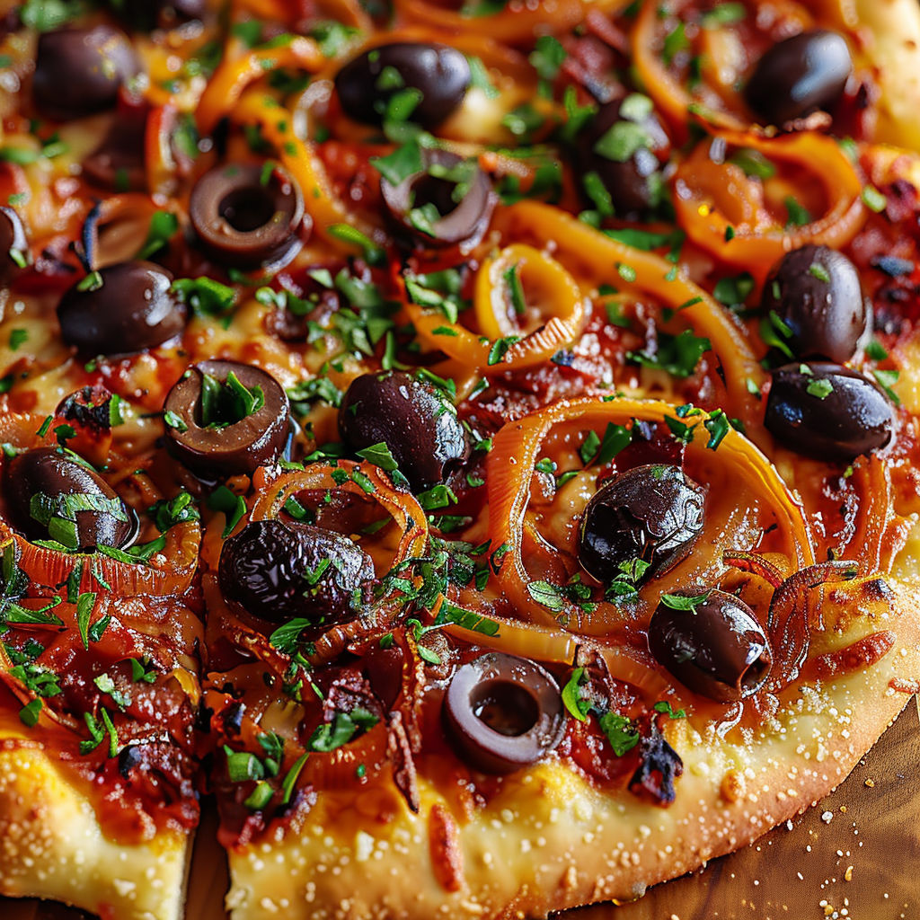 A pizza with olives and caramelized onions.