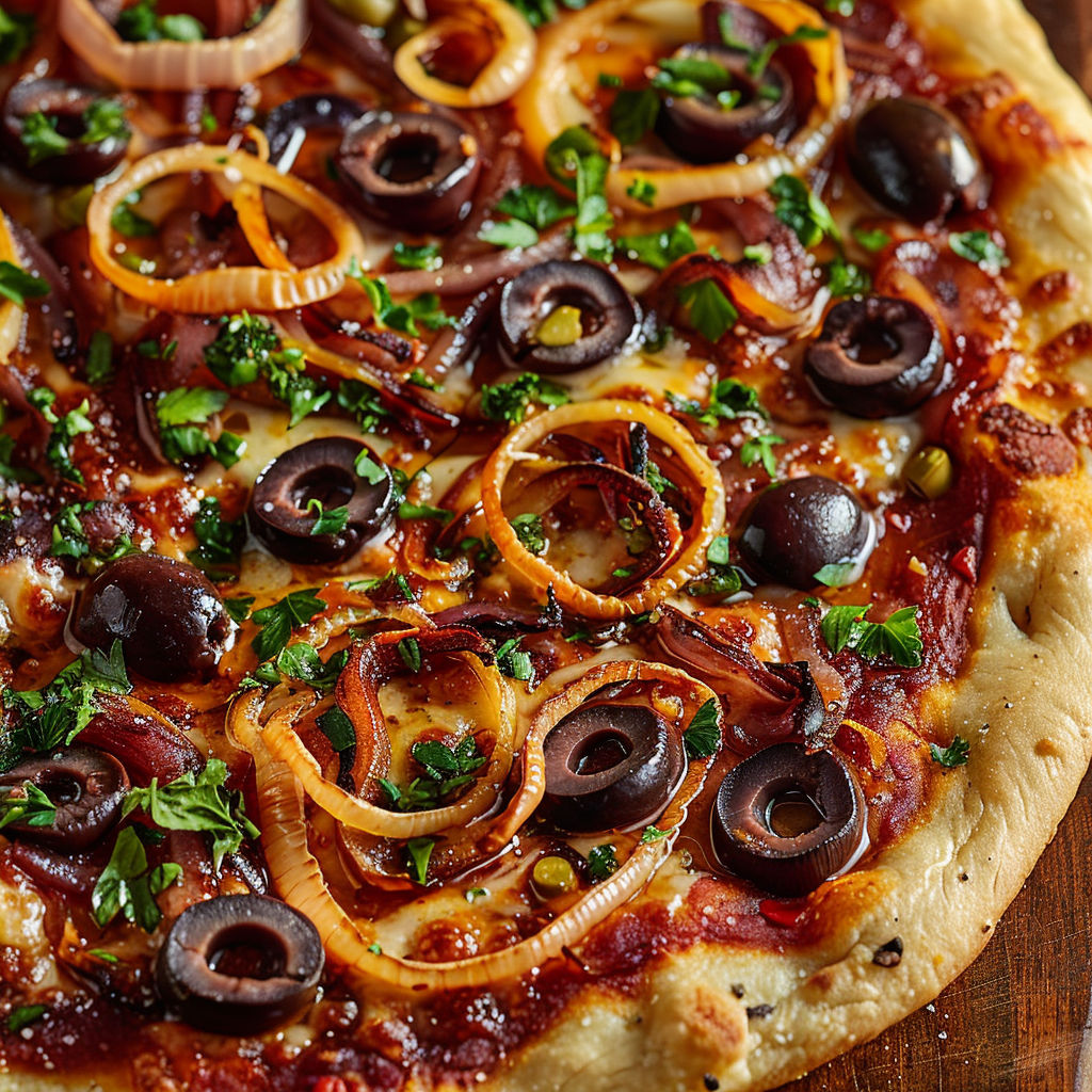 A pizza with olives and onions.