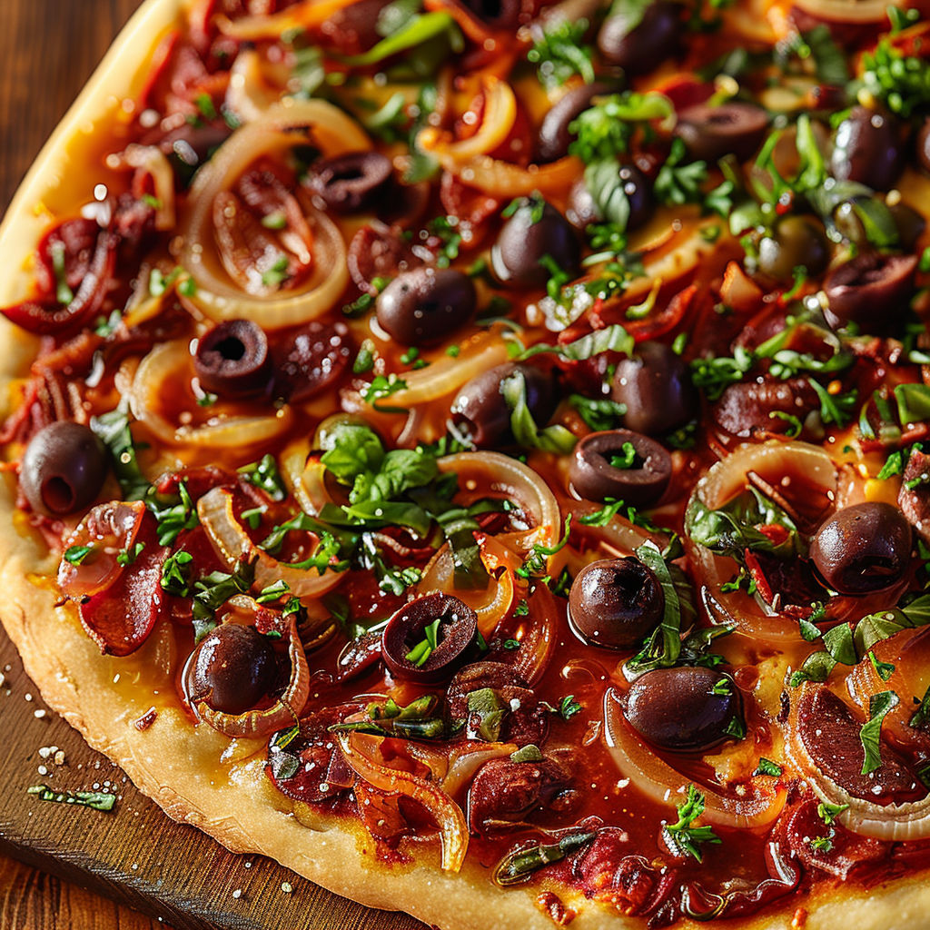 A pizza with olives and onions on top.