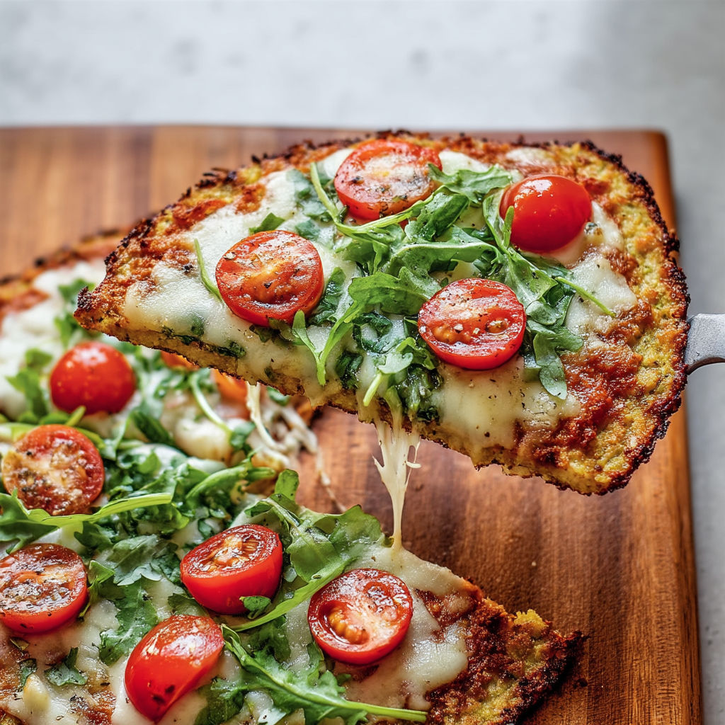 A slice of pizza with tomatoes and spinach on a wooden cutting board.