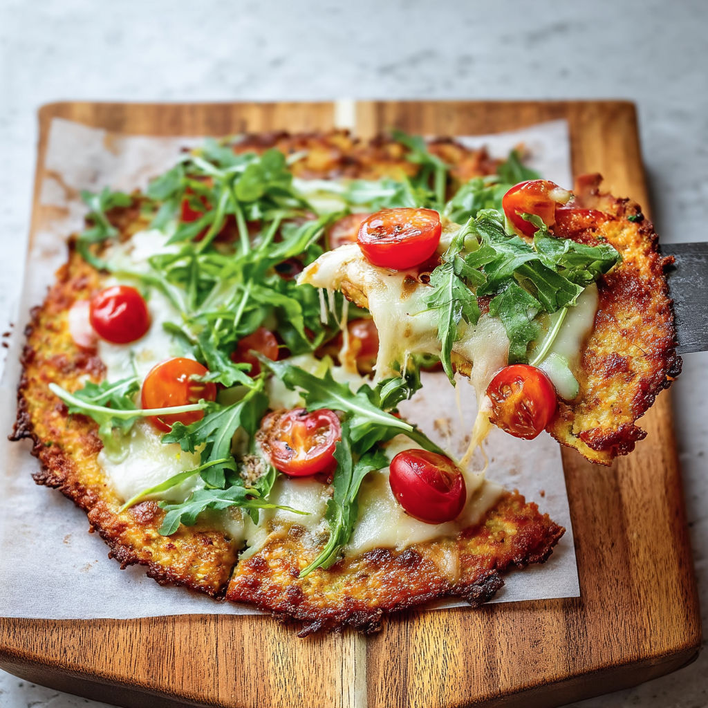 A slice of pizza with tomatoes and spinach on a wooden cutting board.