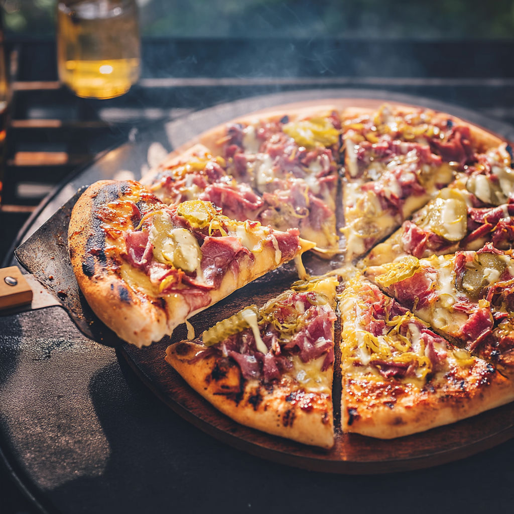 A pizza with ham and cheese on a wooden board.