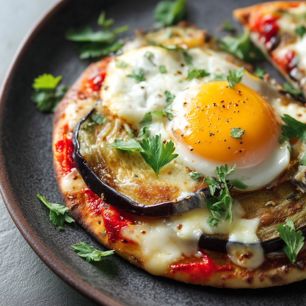 A plate of food with a fried egg on top of a pizza.