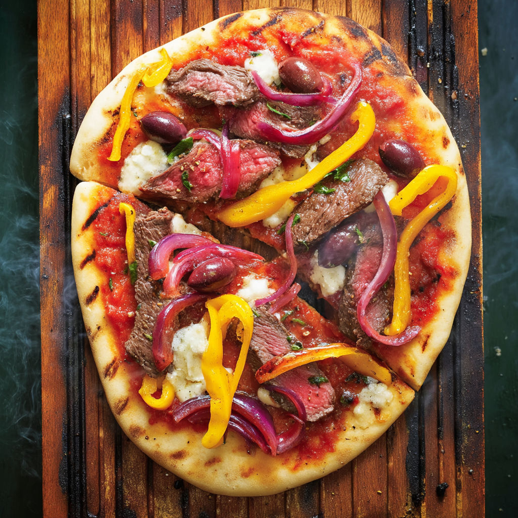 A pizza with meat and vegetables on it.