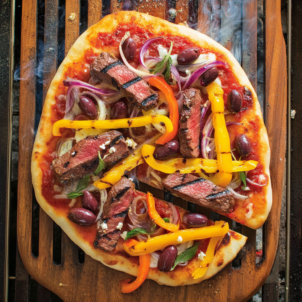 A pizza with peppers and onions on it.