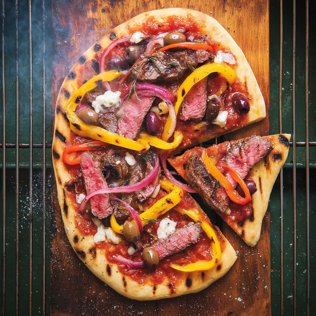 A pizza with meat and vegetables on a wooden board.