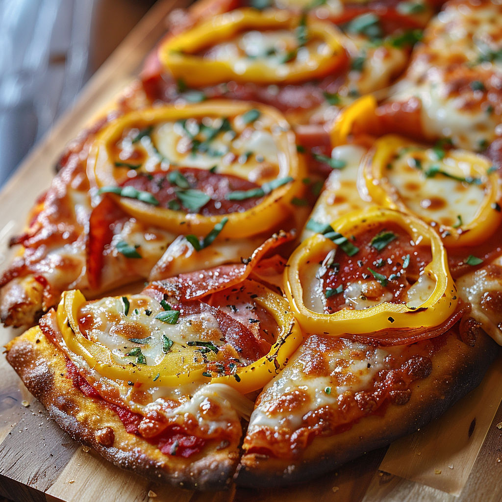 A pizza with yellow peppers and cheese.