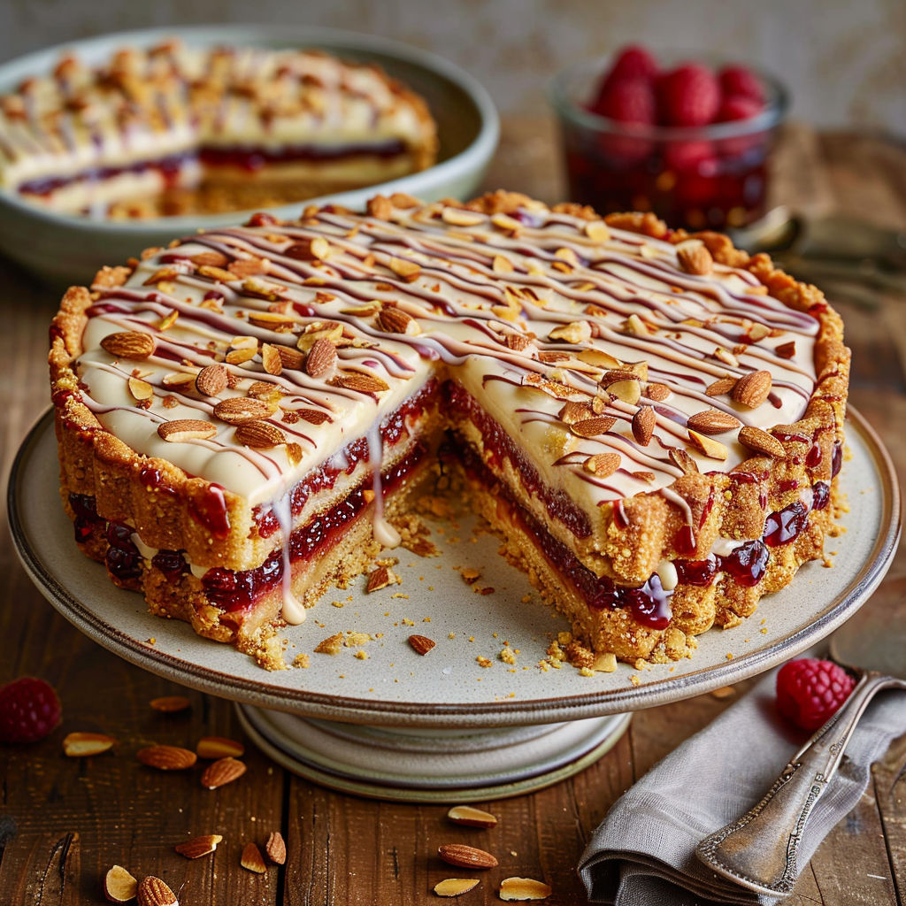 A slice of cake with nuts and raspberries.