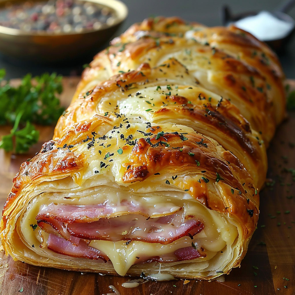 A delicious looking pastry filled with meat and cheese.