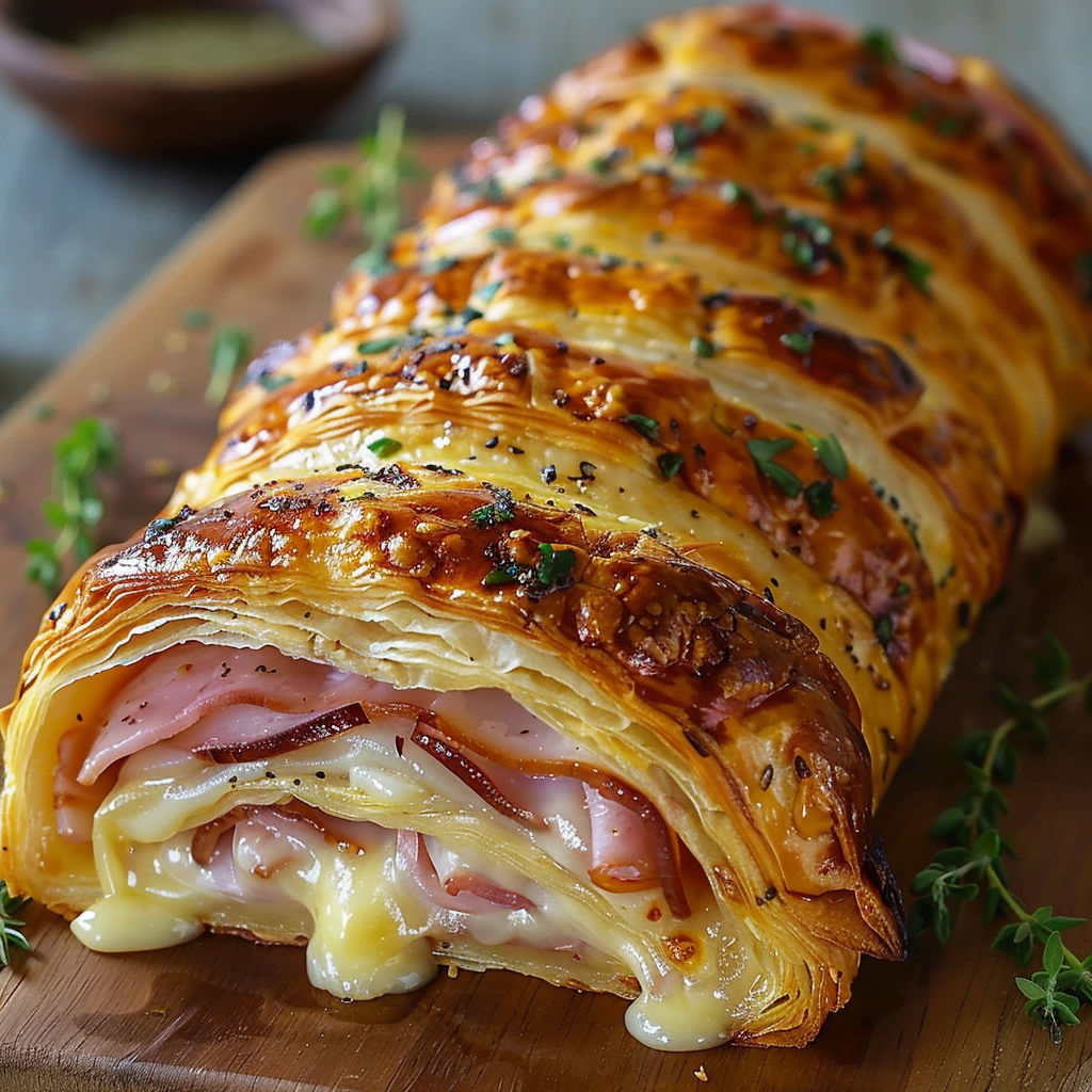 A pastry with cheese and ham inside.