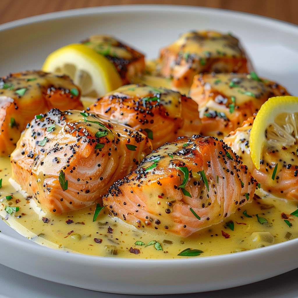 A plate of fish with lemon wedges on top.
