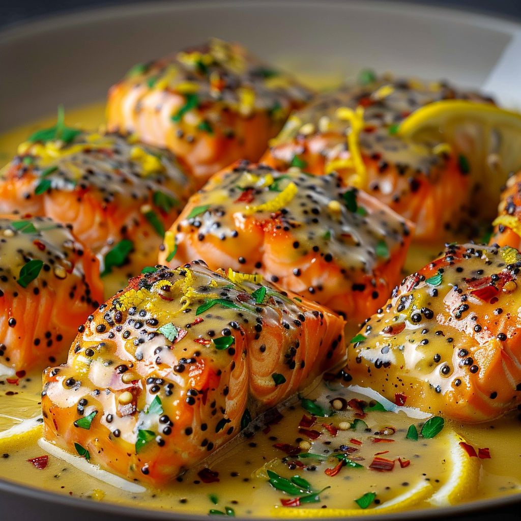 A bowl of fish with a lemon wedge on top.