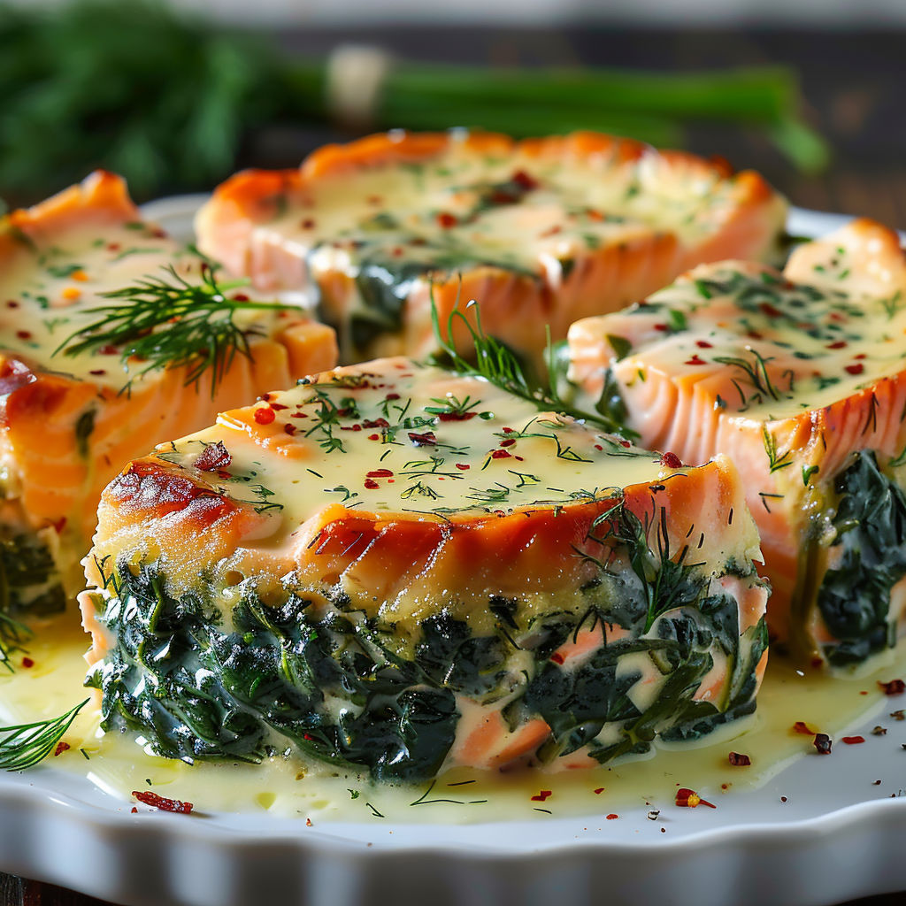 A plate of food with a slice of salmon on top.